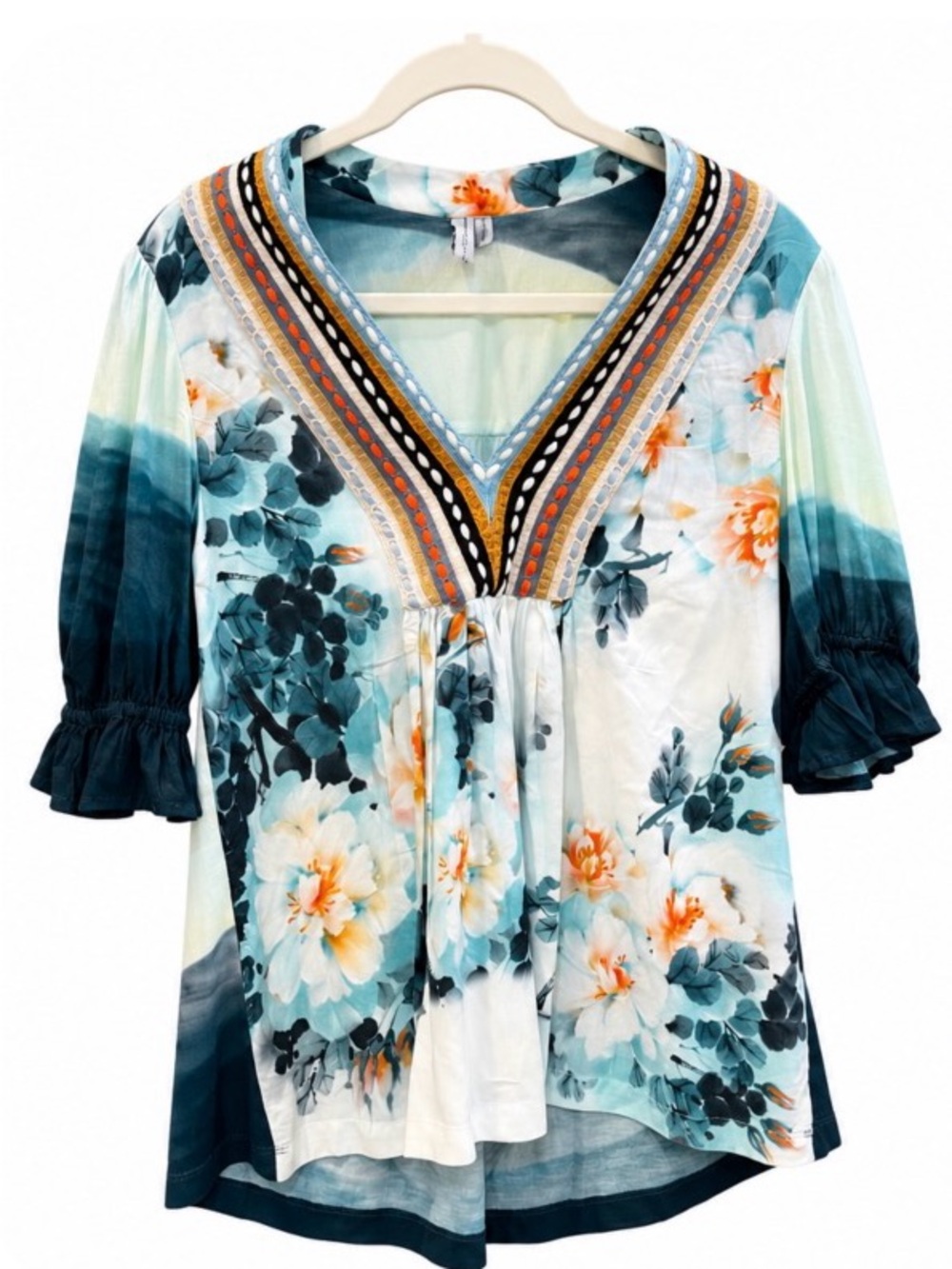Anthropologie Teal Floral V-Neck Tunic with Embroidered Trim